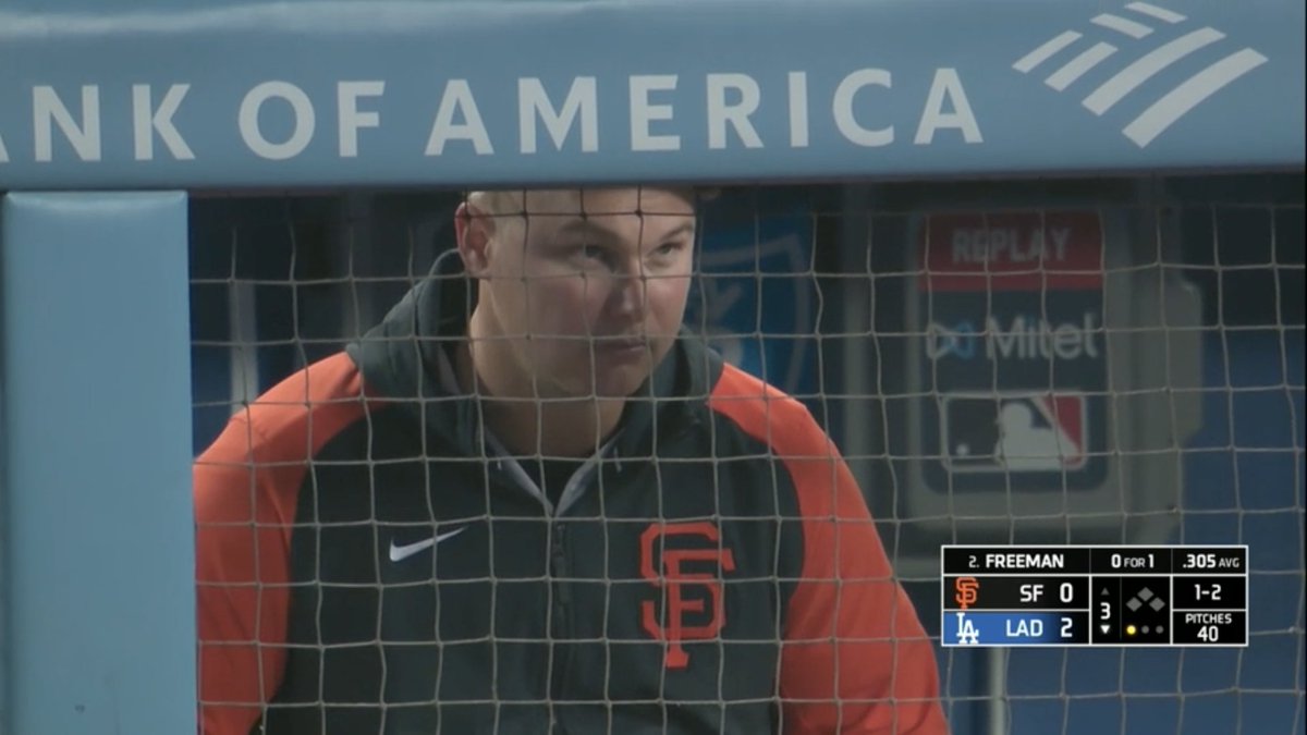 DMAC_LA's tweet photo. Joc Pederson in the visiting dugout as a Giant is just WEIRD #Dodgers https://t.co/cxywpnhnHZ