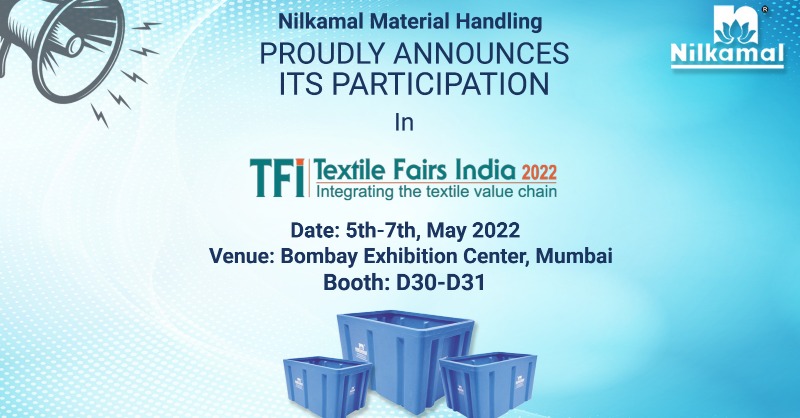 Nilkamal Material Handling proudly announces its participation in Textile Fairs India 2022. 

#NilkamalMaterialHandling #MaterialHandlingSolutions #PrintingSolutions #EmpoweringValueChain #Productivity #Efficiency #Innovation #textilefairindia #textilefairindia2022