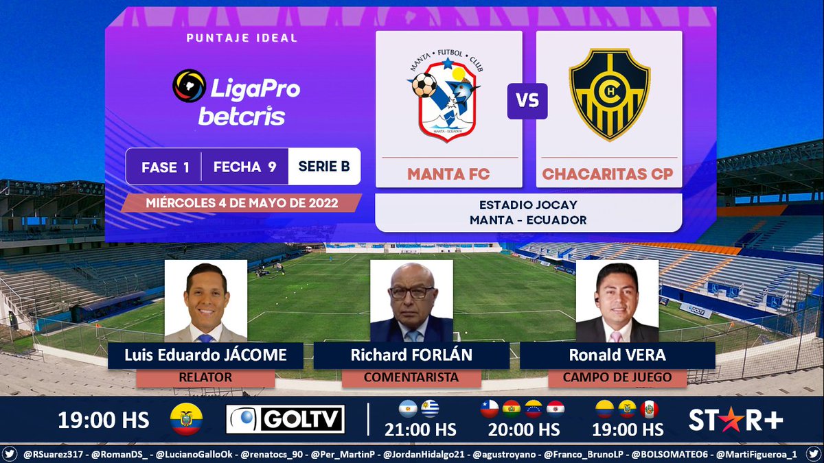 PuntajeIdealEC's tweet photo. ⚽ #LigaProBetcris #SerieB 🇪🇨 | @MantaFutbolClub vs. @Chacaritas_CP 
🎙 Relator: @LuisEduJacome 
🎙 Comentarista: @RichardForlan
⛳️ Campo de juego: @ronaldvera22
📺 @goltvecu 🇪🇨
💻📱@StarPlusLA Latinoamérica
🤳 #LigaProBetcrisxGolTV - #JugamosTodos
Dale RT 🔃 https://t.co/DEWJd0v8wY