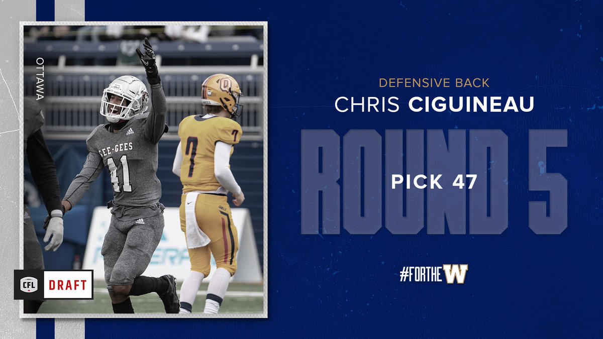 With the 47th pick in the #CFLDraft, the club has selected defensive back Chris Ciguineau from <a href="/uOttawaGeeGees/">uOttawa Gee-Gees</a>. 

#ForTheW <a href="/canadalifeco/">Canada Life</a>