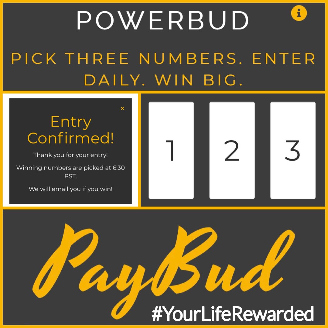 PayBudRewards's tweet photo. We hope all of our great PayBud Members had a nice weekend.  

Have you seen the PowerBud Jackpot recently?  It is at 250,000 points! 💰https://t.co/d2inwSp4CI

Get your lucky numbers submitted everyday this week for your chance to win🤩

#PowerBudPoints
#YourLifeRewarded https://t.co/qotSey65yq