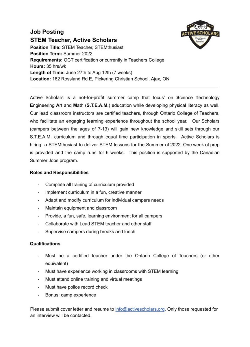 active_scholars's tweet photo. We are hiring 2 STEM teachers for summer - Email info@activescholars.org if interested. https://t.co/a6mZTPN3y7