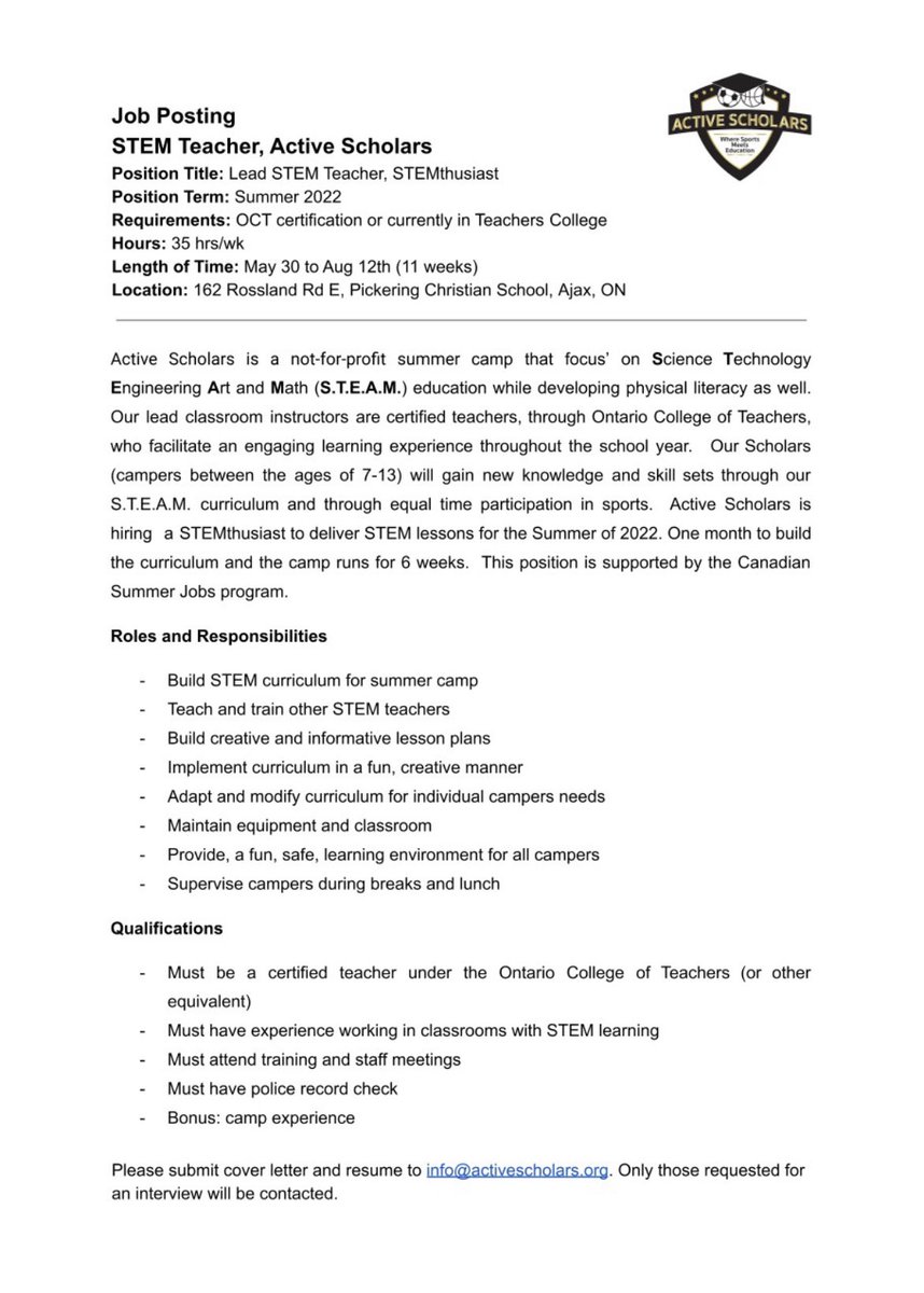 active_scholars's tweet photo. We are hiring 2 STEM teachers for summer - Email info@activescholars.org if interested. https://t.co/a6mZTPN3y7