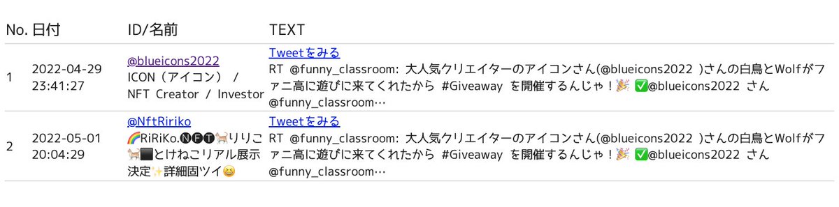 こちらのgiveaway企画の当選結果が出たんじゃ!
当選者は
アイコンさん(<a href="/blueicons2022/">ICON（アイコン）#NFTNYC</a> )
RiRikoさん(@NftRiriko )

の2人じゃ!!

参加してくれたみんなありがとうの~
お二方には後ほどお送りするの!!
