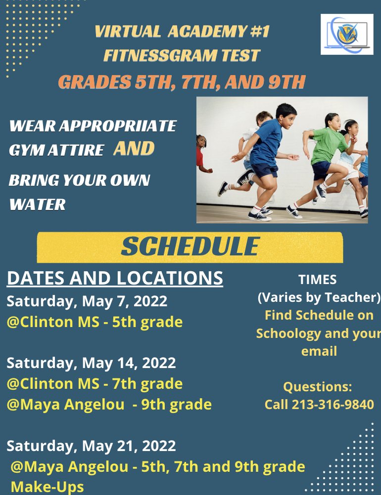 5th, 7th and 9th grade students! It is FITNESSGRAM TIME!

Find your grade level and homeroom teacher for your assigned date, time and location. 
All information found on Schoology.

Don't forget to wear gym clothing and bring a water bottle!
Questions: Call 213-316-9840
