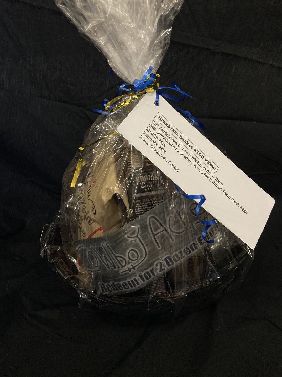 bashaffa's tweet image. Two days away from Awards Ceremony! Here is another sneak peek of silent auction items before awards ceremony! This gift basket contains: A Gift Certificate to the Pork Shop for 1/2 Ham, Certificate To Cowboy Acres for 2 dozen farm fresh eggs, Muffin Mix, Pancake Mix, and Coffee!