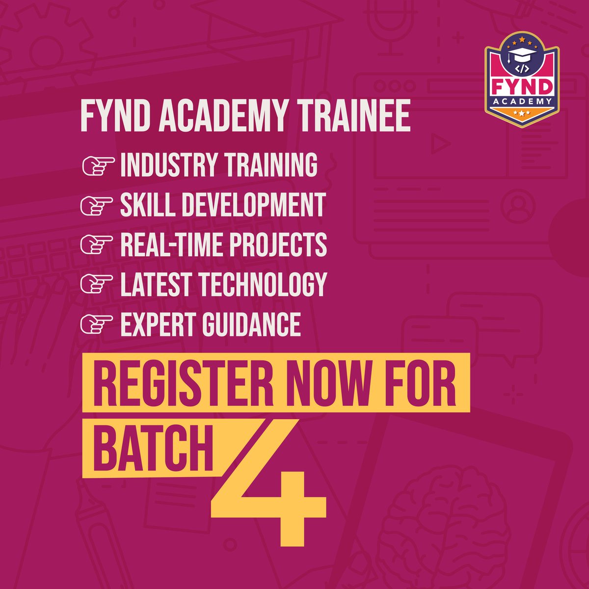 Fynd Academy provides its trainees with the best tools and resources to help them reach greater heights in their careers. Our 4th batch is coming soon.

#FyndAcademy #registrationopen #batch4 #python #fullstack #gamedevelopment #qa #productdesign #freshers #technicalcourses