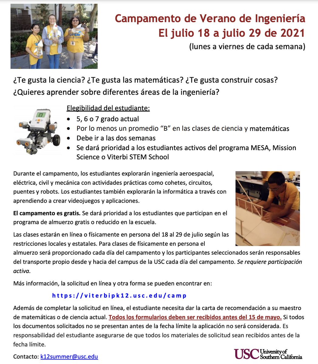 The Northrop Grumman Summer Engineering Camp at USC is a camp in which current 5th, 6th, and 7th grade students explore aerospace, civil, electrical, environmental and mechanical engineering with hands-on activities   viterbik12.usc.edu/camp/