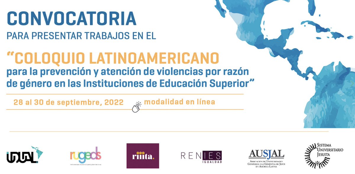 UDUALC's tweet photo. 🗣️ La @IBERO_mx, la @ausjal, #Renies, el #SUJ, #Riiita y la @rugeds_ invitan al “Coloquio latinoamericano para la prevención y atención de violencias por razón de género en las Instituciones de Educación Superior“.

Fecha límite para envío de resúmenes: 31 de mayo https://t.co/r0mcjKRDGx