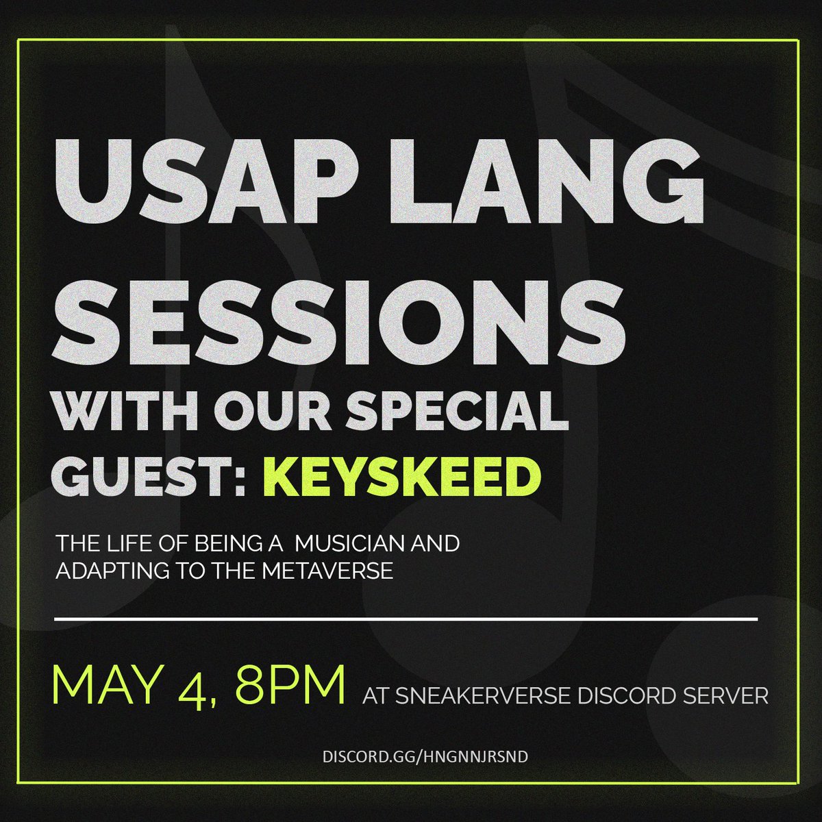 We will be having an Usap Lang session with our special guest, @keyskeed!

🎶 He will be serenading us with his sweet music and we will also talk about his journey as a musician in the local scene! 

See you at 8pm inside our Discord server!
👉 (Link in the bio)

#SNKV #NFT