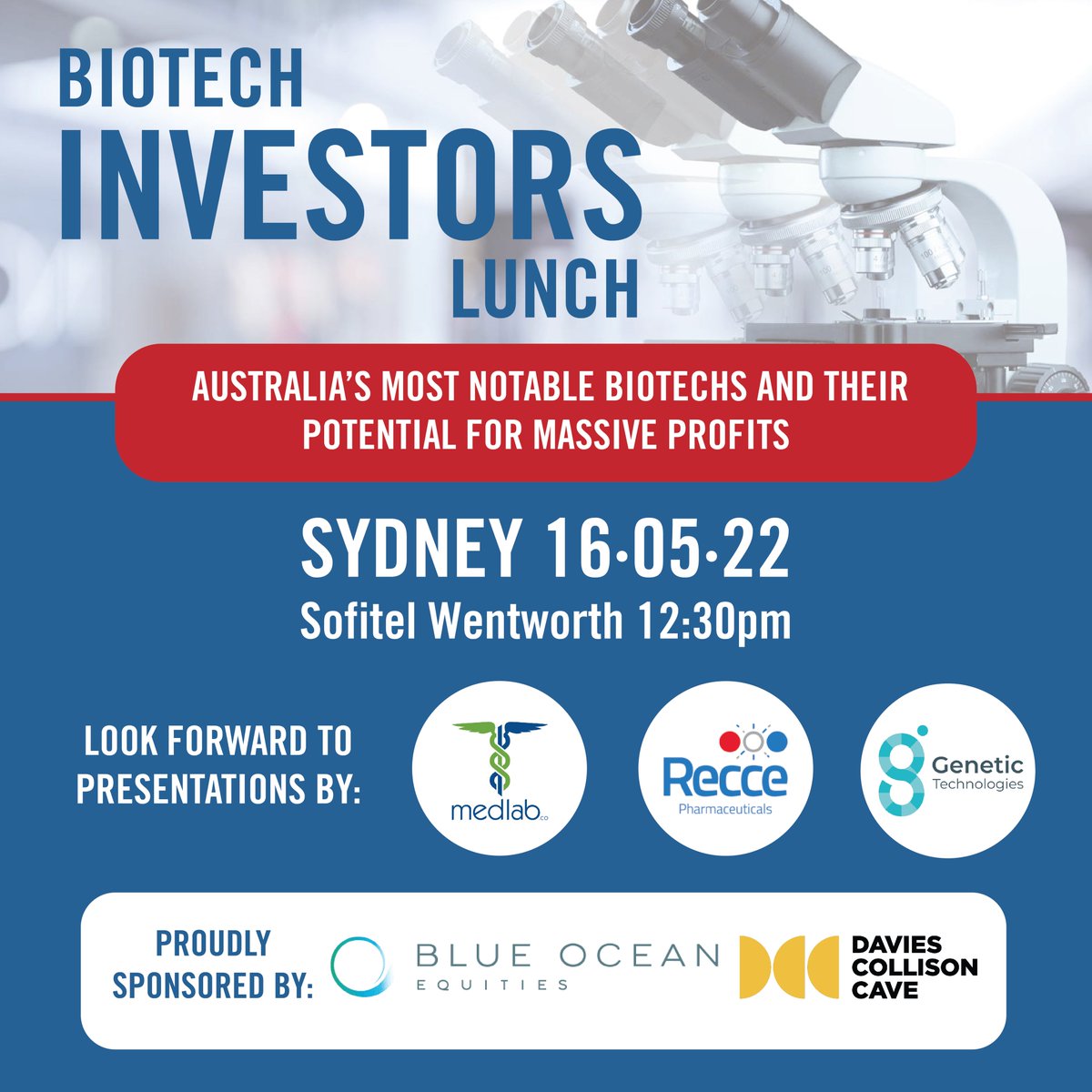 medlabclinical's tweet photo. Medlab is working with Genetic Technologies and Recce Pharmaceuticals Ltd to present a lunch designed to allow investors to become more knowledgeable in the role of biotech work happening in Australia.

Register to attend here: https://t.co/6IYCYvSXX5 https://t.co/I8tIaso59A