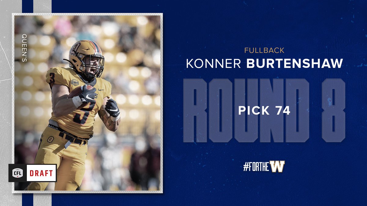 Wpg_BlueBombers's tweet photo. The team has selected fullback Konner Burtenshaw from @queensgaels with the 74th pick in the #CFLDraft. 

#ForTheW @canadalifeco https://t.co/rNw2BY1Zyp