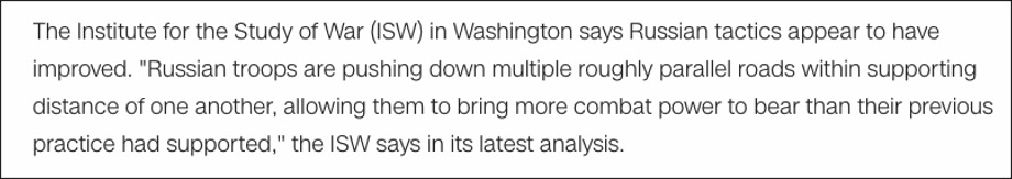 15/ Russian forces have marginally improved at conducting large-scale operations with forces moving along mutually supporting routes of advance, employing for effective recon by force techniques to engage & maneuver against Ukrainian defenses supported by air & artillery.