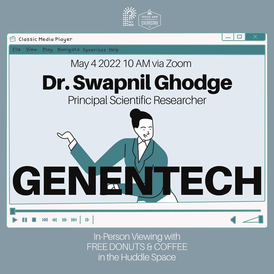 GSAC_TAMU's tweet photo. The ACS POLY/PMSE chapter will be hosting Dr. Swapnil Ghodge (past member of Prof. Frank Raushel's group), a Principal Scientific Researcher at Genentech on Wednesday, May 4th at 10 AM on Zoom (see link below). The talk will be followed by a Q&amp;A/networking session. https://t.co/Dbpln37U4t