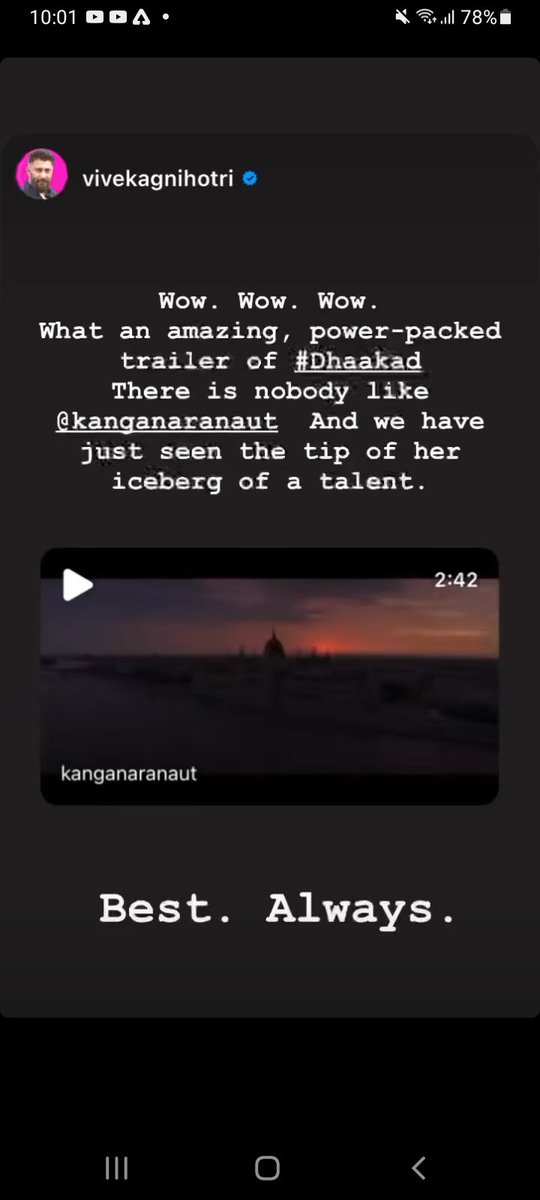 Vivek Agnihotri appreciates Kangana's performance in the #DhaakadTrailer 
#KanganaRanaut #Dhaakad