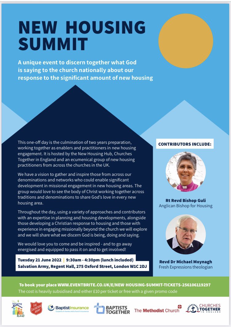 For the past two years we have been wondering what God might be saying to the church in this country about responding to new housing. If you’d like to be part of an unfolding ecumenical vision, come and join the New Housing Summit on 21st June. 

eventbrite.com/e/256106119297