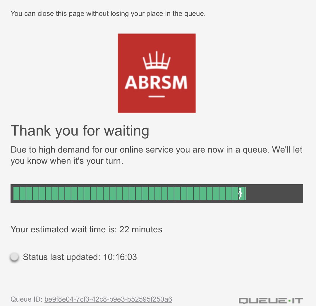 davidbartonmus's tweet photo. Never, in over 20 years teaching, have I had to wait over three hours to book a single exam (and I’m still waiting). This can’t possibly be a “better” system than pen and paper, @ABRSM? 🙄 https://t.co/8chn5mNERk