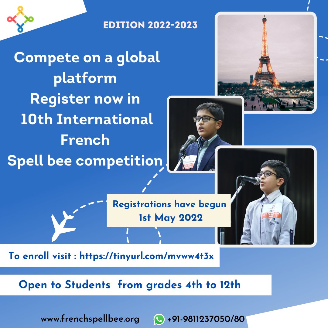 FrenchSpellBee's tweet photo. Bonjour! 
Le Frehindi-Paris launches the all new 10th edition of the International French Spell bee competition 

To register in the 10th International French Spelling bee visit: https://t.co/3spxoYU1av [India]
International students can register via: https://t.co/lR0YL4w5pF https://t.co/9gC6jkImiV