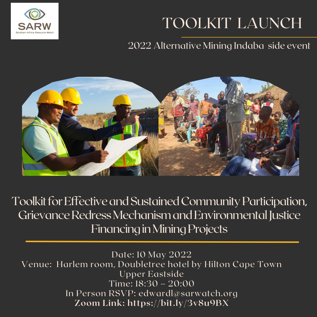 SARW will launch a Toolkit for Effective &amp; Sustained Community Participation, Grievance Redress Mechanism &amp; Environmental Justice Financing in Mining Projects on the sidelines of the #AMI2022 at a hybrid event. Virtual attendance registration: bit.ly/3v8u9BX
#MiningNews