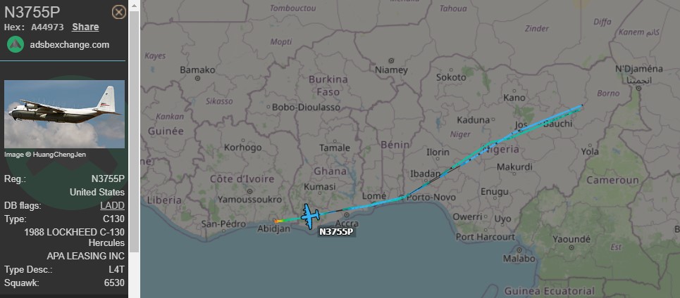 Laurent_Le_Bloa's tweet photo. C130 fm #Nairobi #Kenya to #Djibouti Possibly #CIA linked #N3755P noticed last week in Western Africa
@RAbdiAnalyst @Abdi678 @G_OnTheGround @ATCprowler @kinjeketile @OAbraar https://t.co/5n3bBRVL16