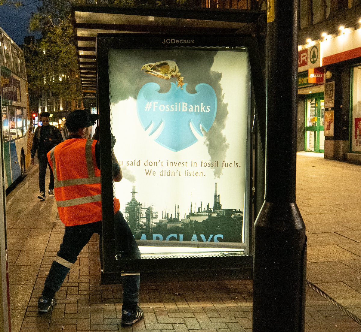 "See the smaller picture" says <a href="/Barclays/">Barclays Bank</a>, Europe's number 1 funder of fossil fuels 🤦‍♂️

Ahead of the bank's AGM in Manchester today, we've replaced those #Barclays ads with artworks showing the bigger picture of deforestation + climate breakdown

#DefundClimateChaos #FossilBanks