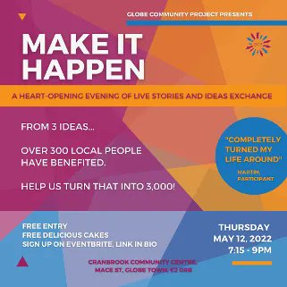 <a href="/globe_community/">Globe Community Project</a> are hosting Make it Happen! With free snacks from @sazzyandfran, listen to motivating stories from local refugees, well being journeys from older members of the community, and inspiration from those with chronic pain.👏
 
More info below:
romanroadlondon.com/events/globe-c…