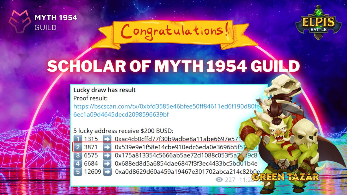 MythGamingGuild's tweet photo. Congratulations! 🎉 Scholar #MYTH26 of @Myth1954Guild  was the lucky winner of Lucky Draw Prize - Raid Boss 2.

Join Raid Boss 3 now ✊ https://t.co/D6BAZbxTbi

Random 💵$1000💵 Lucky Draw reward for anyone who join Event regardless ranking.

@ElpisBattle $MEG $EBA #scholarship https://t.co/WPZlZXjxew
