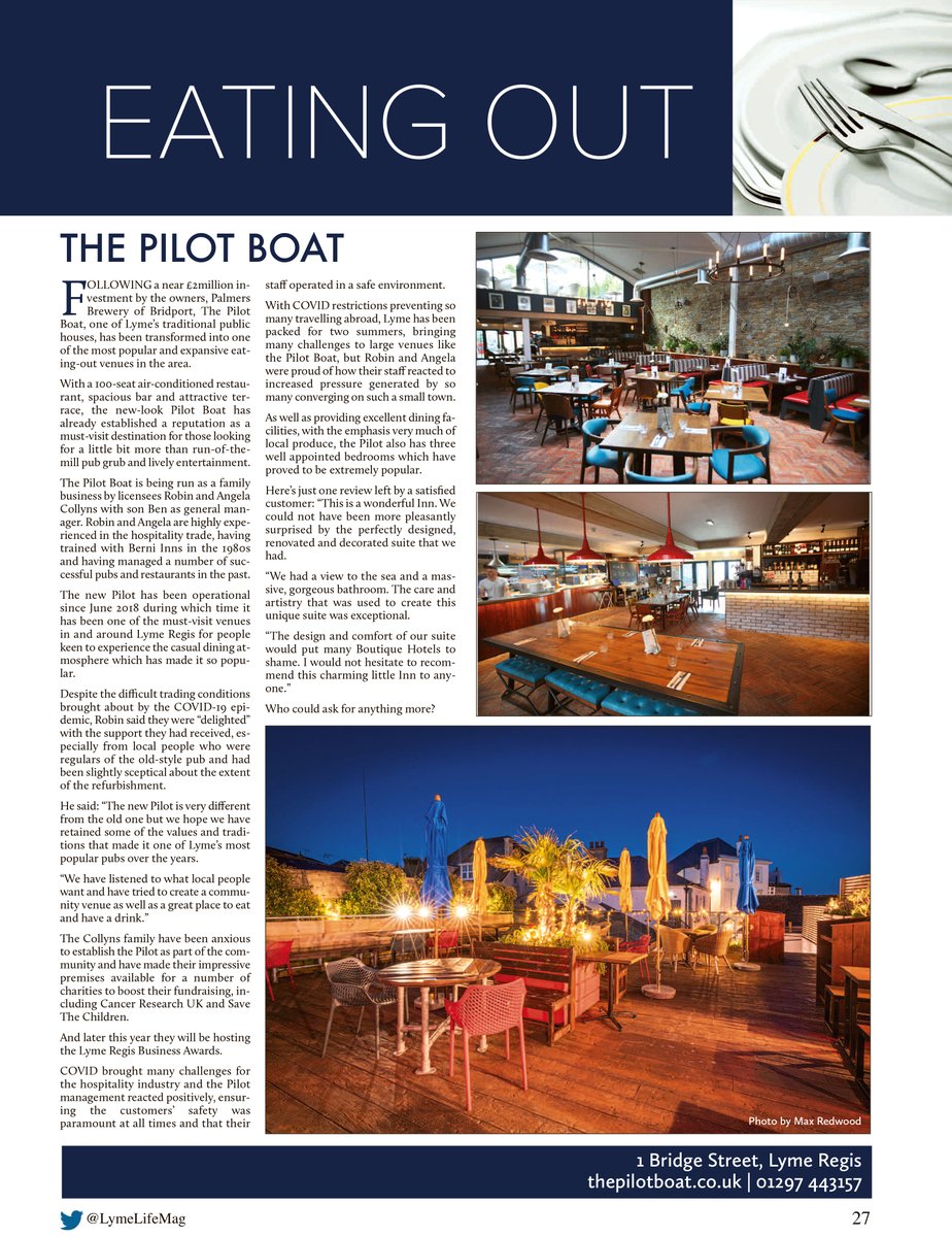 LymeLifeMag's tweet photo. One of the most popular and expansive restaurants in Lyme Regis, The Pilot Boat is a family favourite and recently relaunched its ‘Upper Deck’ terrace.

Pick up your free copy of the Lyme Life Magazine to find out more or read online at https://t.co/1Fz5MRoHiB

#lymeregis #dorset https://t.co/9zUKQmMM9l