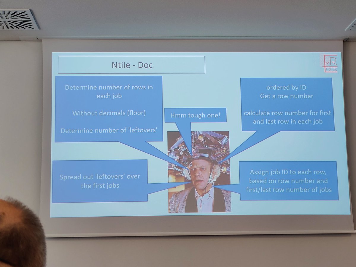 Chris_de_Berg's tweet photo. @evrocs_nl showing why Doc should stick to science and let Marty write those #oraclesql queries with analytic functions #apexconn22 https://t.co/hDySyqLhRU