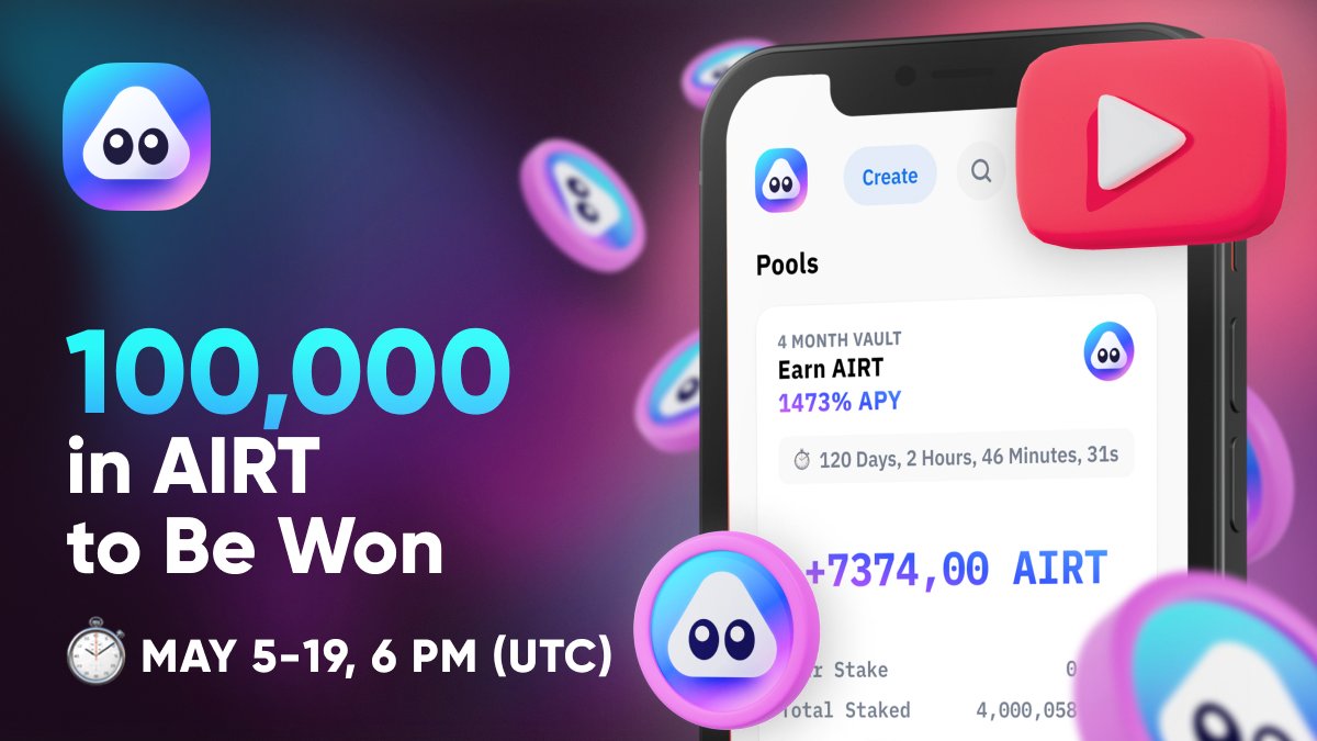 We're giving away 100,000 in $AIRT 💰

1️⃣ Follow <a href="/airnfts/">AirNFTs | Multichain NFT Marketplace</a> &amp; RT this post
2️⃣ Create a video of how to stake on <a href="/airnfts/">AirNFTs | Multichain NFT Marketplace</a> and post it on YouTube
3️⃣ Post the link to the video on Twitter and tag <a href="/airnfts/">AirNFTs | Multichain NFT Marketplace</a>

The 3 most creative videos will share a Prize Pool of 100K in $AIRT