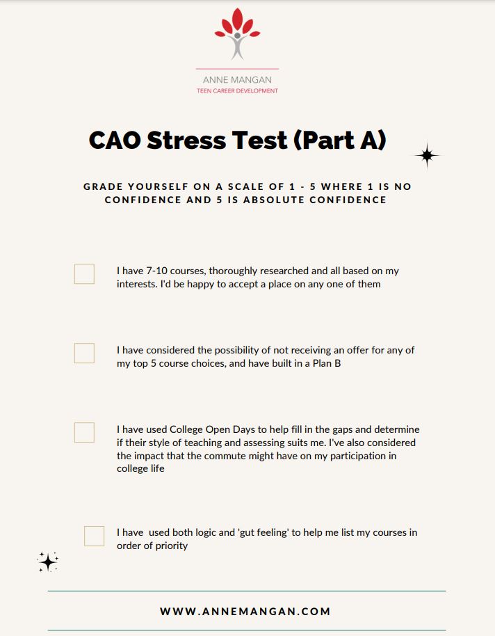 AnneMangan6's tweet photo. The #cao Stress Test
I've designed this in the hope that it helps your teen gauge their level of confidence in their CAO course choices, putting them in a better position to take remedial action if necessary.
#leavingcert #cao2022 #louthchat https://t.co/LqUlvtruKw