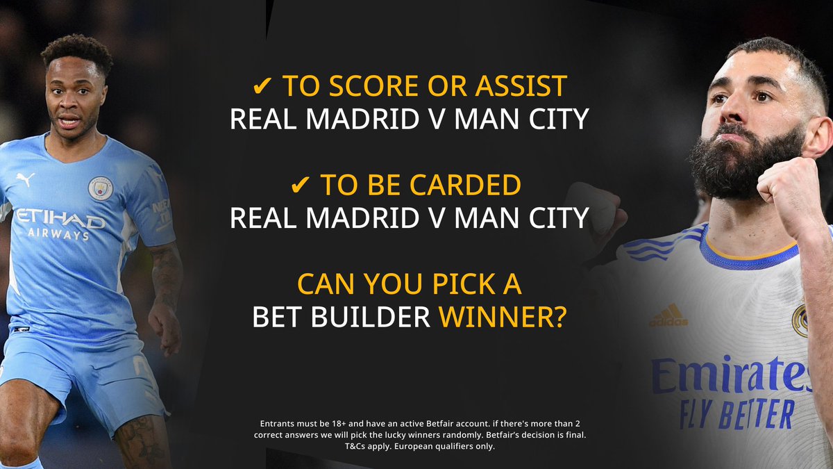 Betfair's tweet image. 🙌 It's competition time again 🙌

We're giving away 2 x £20 free bets...

📌 Simply RT and reply with your winning #UCL Bet Builder for Real Madrid V Man City

We we want a double of:

🥅 Player to Score or Assist 
📒 Player to be carded