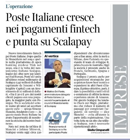 Altri 27 milioni per <a href="/ScalapayEU/">Scalapay</a> La vera notizia è che a investire sulla scaleup e’ un’azienda italiana @PosteNews <a href="/Corriere/">Corriere della Sera</a> <a href="/L_Economia/">Corriere L'Economia</a>