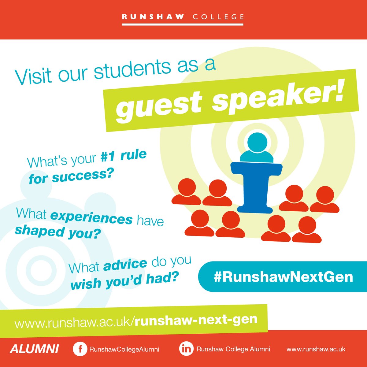 RunshawCollege's tweet photo. Could you deliver an inspiring presentation to our students?

➡ What’s your #1 rule for success?
➡ What experiences have shaped you?
➡ What advice do you wish you’d had as a college student?

Get involved today! https://t.co/w9AYCrWukT

#RunshawNextGen https://t.co/XyTdaWXkfC