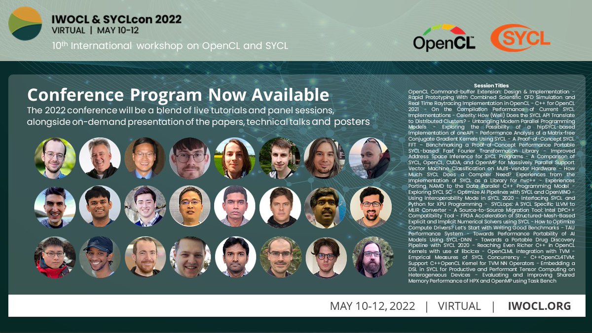 The 10th Intl. Workshop on #OpenCL and #SYCL is now only days away (10-12 May, Virtual). Register today to access the latest research and tech updates, including: 'Towards a Portable Drug Discovery Pipeline with SYCL 2020' and much, much more ... iwocl.org/iwocl-2022/pro…