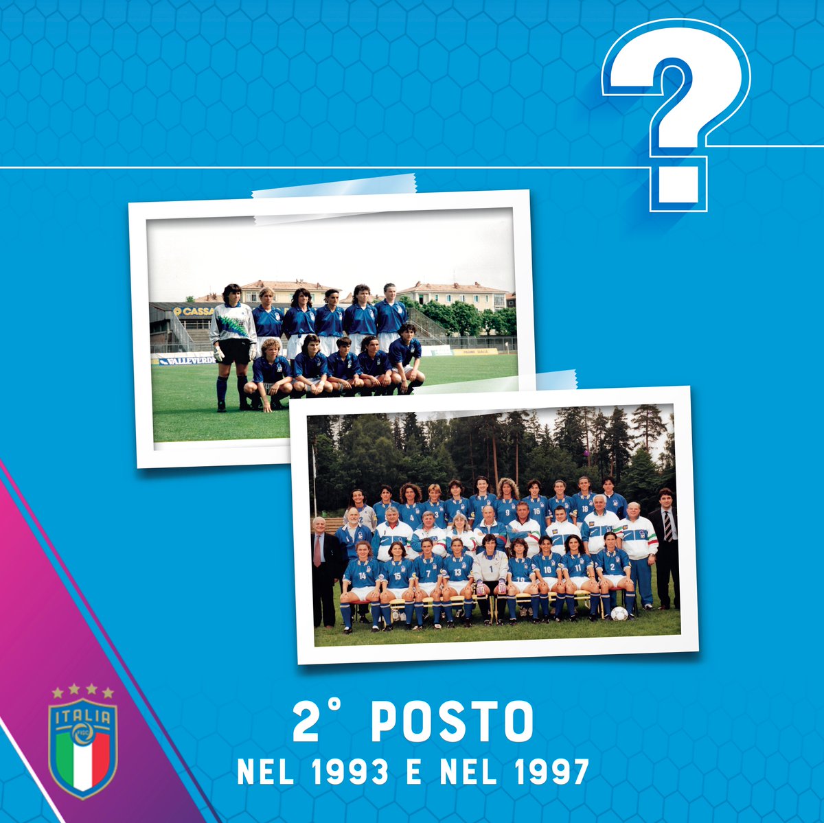 ✅ 𝟮° 𝗽𝗼𝘀𝘁𝗼

👉🏻 Le #Azzurre sono state vice-campionesse d'Europa nel 1993 e nel 1997 🥈

#AzzurreQuiz 
#Nazionale 🇮🇹 #VivoAzzurro