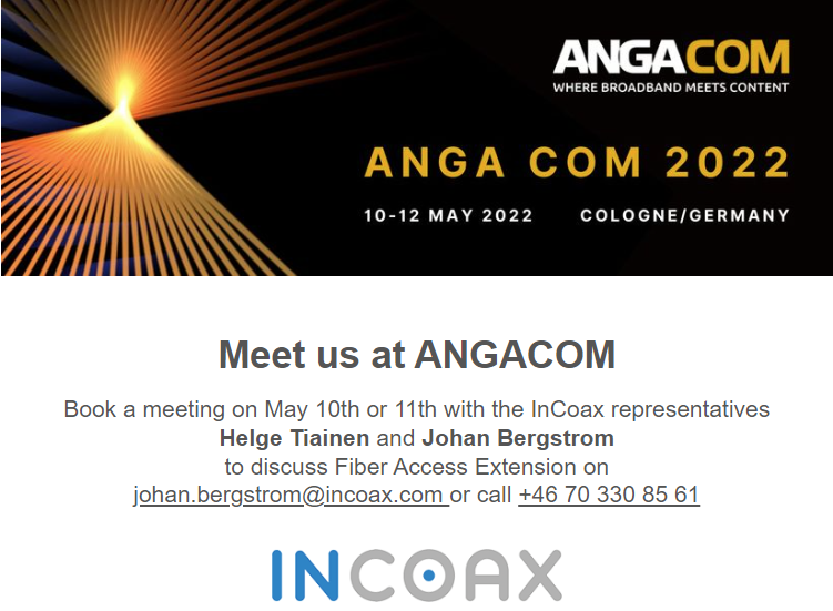 IncoaxNetworks's tweet photo. Meet us at ANGACOM!
#broadbandnetworks #moca #broadband #multigigabit #coaxial #Fttep #gigabit #fiberextension #broadbandaccess https://t.co/PU3klzzORr