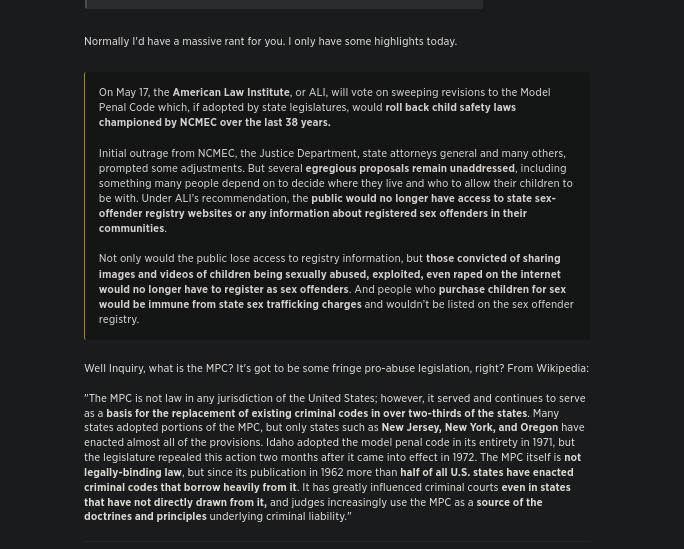 I'm beyond words. <a href="/AmLawInst/">The American Law Institute</a> <a href="/GovMurphy/">Governor Phil Murphy</a> <a href="/OregonGovBrown/">Governor Kate Brown</a> <a href="/GovKathyHochul/">Governor Kathy Hochul</a>  

The only thing I'm going to say on the matter to the mentioned accounts, is DON'T FUCKING LET IT HAPPEN.

guilded.gg/PNN/blog/or-An…