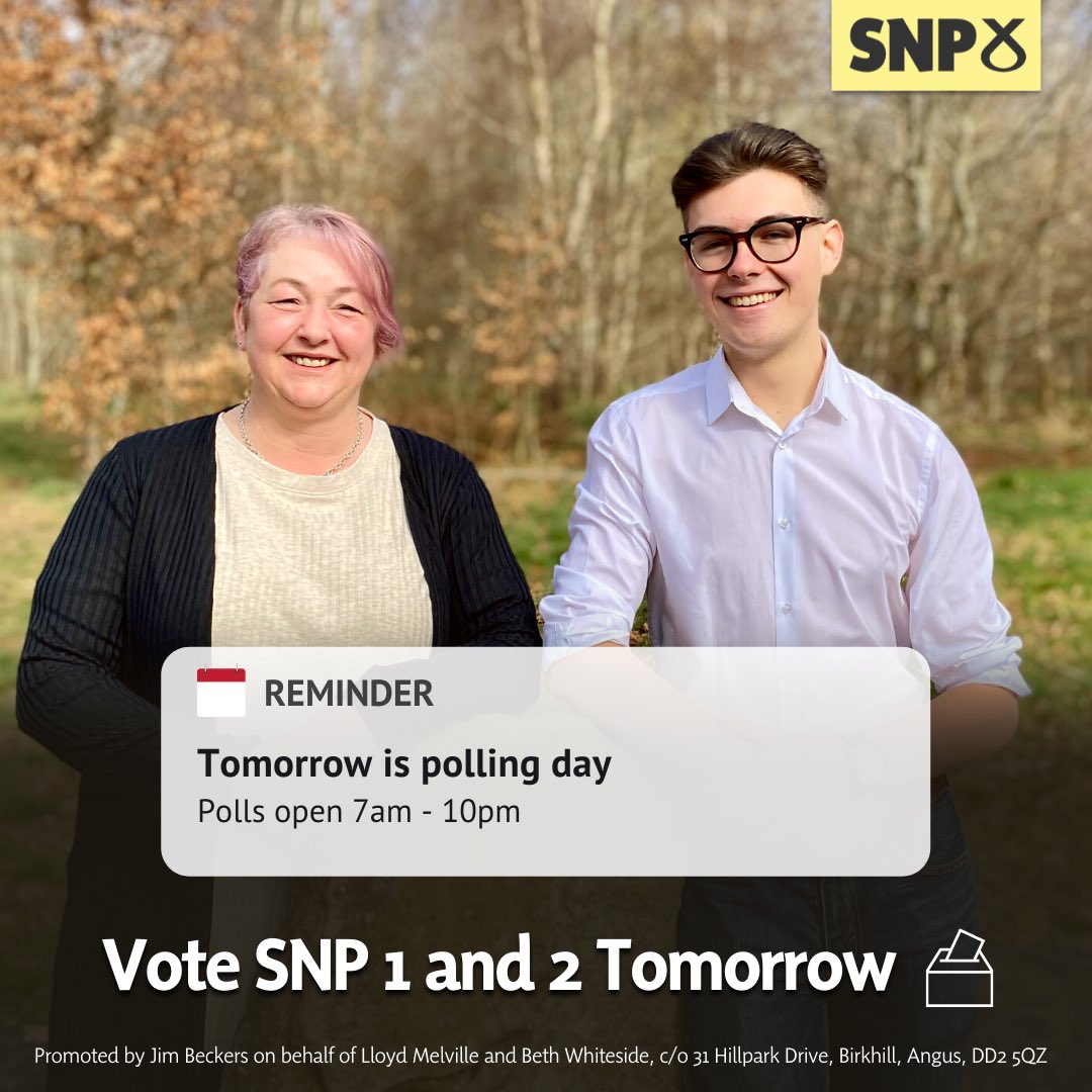 LloydAMelville's tweet photo. ⏱ Tomorrow is polling day. #VoteSNP 1&amp;2 to deliver change and build for the future. https://t.co/dEYnfeUFmw