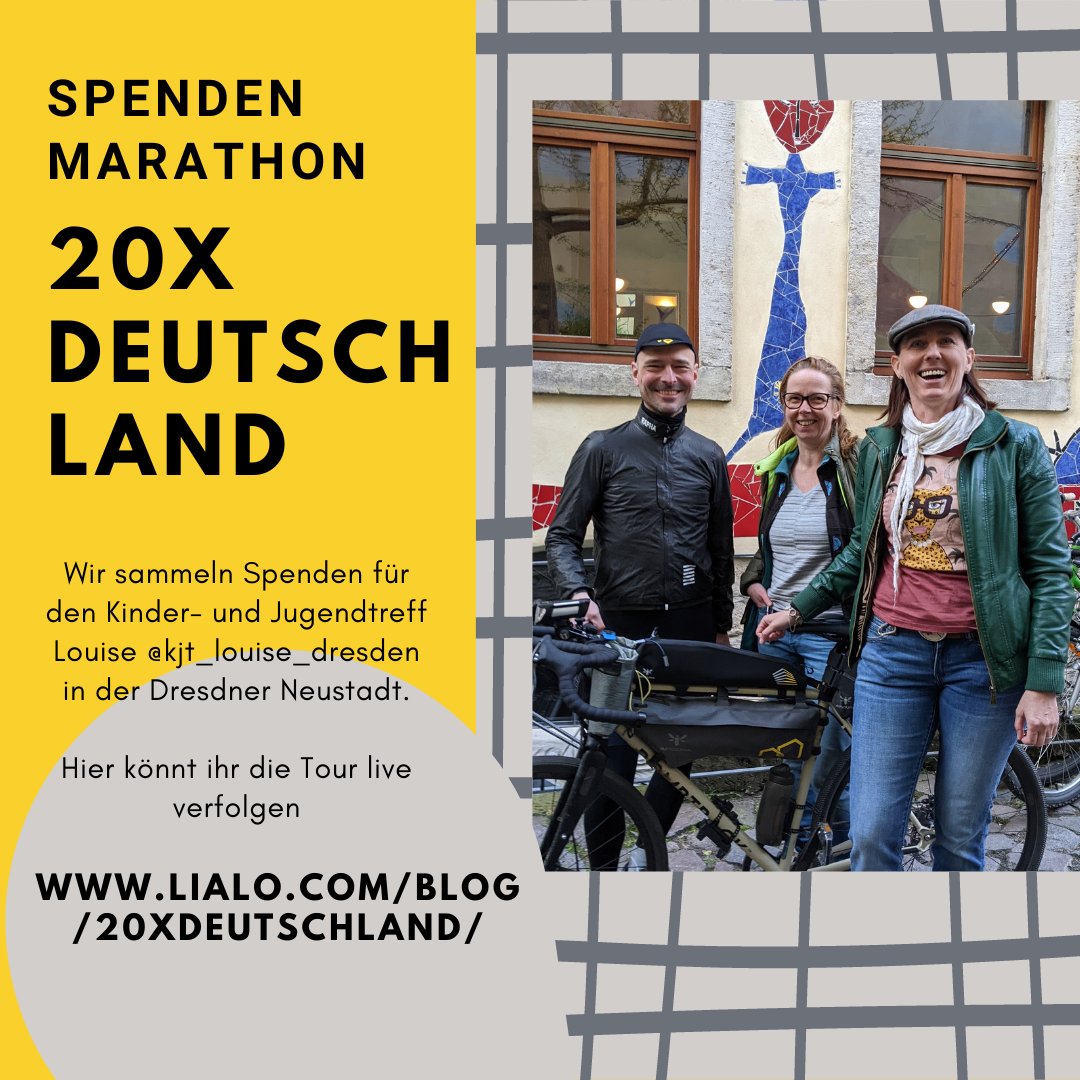 Unsere 💰 Spendenaktion 20 x Deutschland 🚴‍♀️in Zusammenarbeit mit @lialo_com läuft noch!

Wir sammeln 💚Spenden für den Kinder- und Jugendtreff Louise @kjt_louise_dresden in der Dresdner Neustadt.

👉Hier könnt ihr die Tour live verfolgen

lialo.com/blog/20xdeutsc…