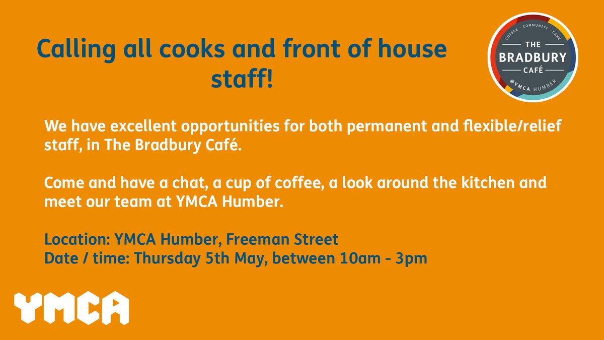 There is no need to book an appointment, please come along at a time that suits you. For further information just email info@ymca-humber.com, or call 01472 403020.

Please bring a CV and proof of identity.

#jobopportunity #cookvacancy #frontofhouse #freemanstreet #jobsingrimsby