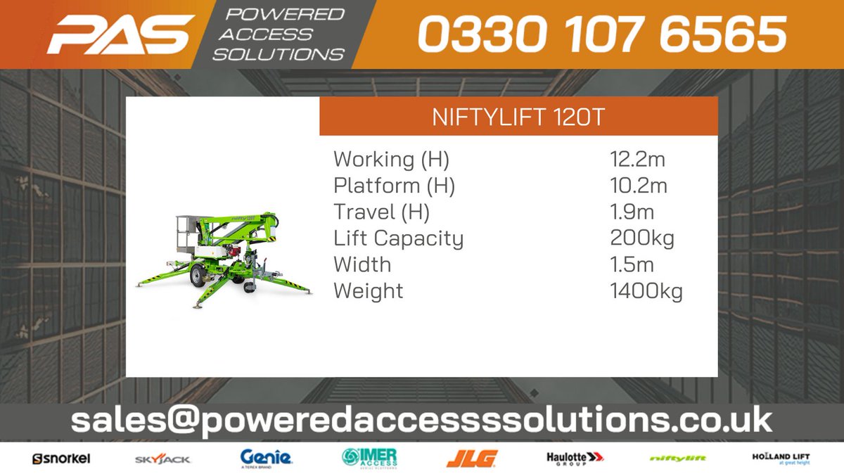 🟠🟠The Nifty 120T trailer mount🟠🟠

Specifically designed to give maximum reach performance from the most compact chassis possible. 

View &amp; Download product spec - poweredaccesssolutions.co.uk/boom-hire/nift…

#Poweredaccess