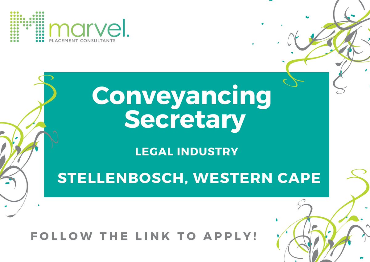 #jobalerts

#Conveyancing_Secretary in Stellenbosch, Western Cape.

Apply -> webapp.placementpartner.com/wi/vacancy?id=…

#vacancyalert #vacancy #hiring #jobs #recruitment #careers #recruiting #jobsearch #nowhiring #applynow #hiring #Stellenbosch #WesternCape #LegalIndustry #ConveyancingSecretary