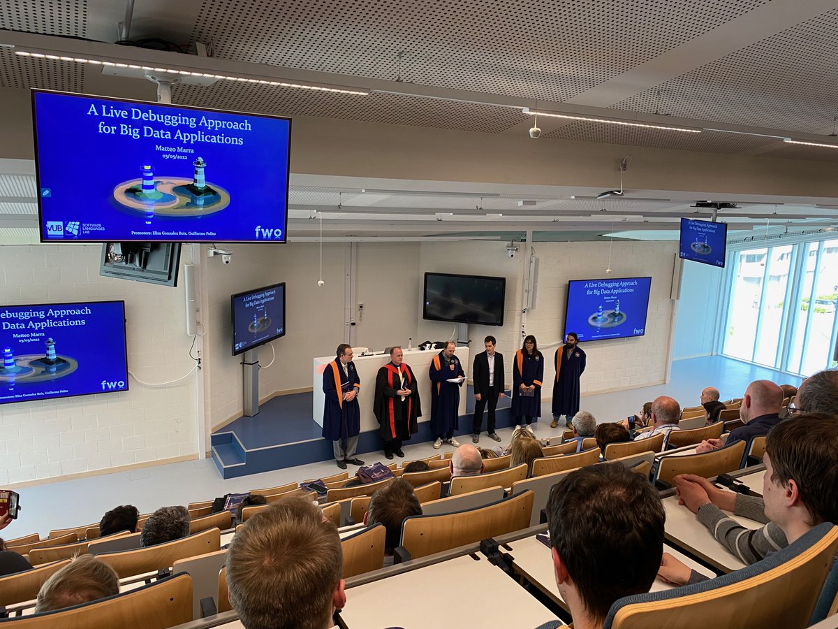 softlab_brussel's tweet photo. Congratulations to our brand-new @softlab_brussel @DINFVUB @vub doctor, Dr. Matteo Marra, who defended his PhD thesis "A live debugging approach for Big Data processing applications” yesterday! Action shot with the proud promotors @elisagboix and Guillermo Polito included. https://t.co/THf1gZta8u