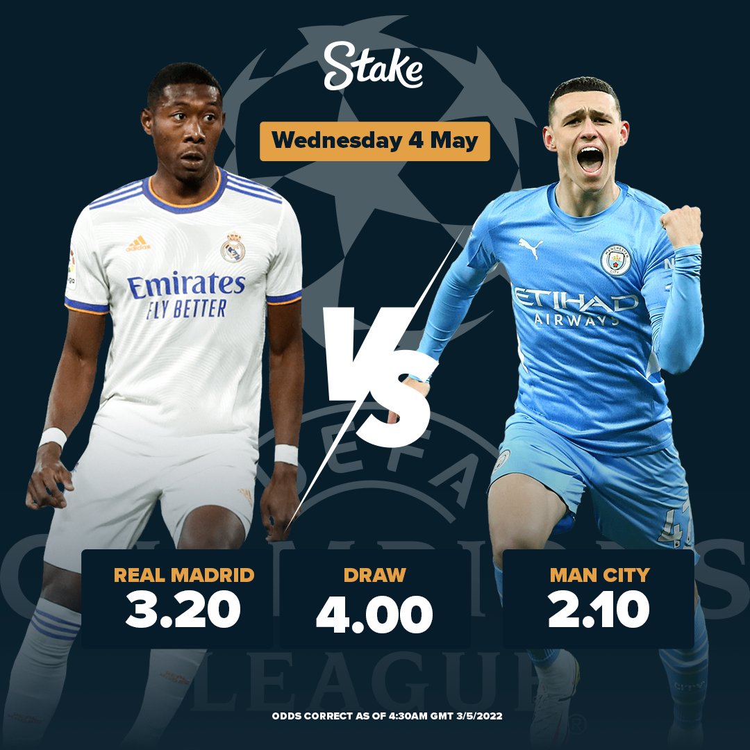 Stake's tweet photo. The first leg was a classic, but what will happen in the second? 🔮

Tell us your prediction for Winner, Correct Score + First Goal Scorer of @realmadrid v @ManCity &amp; if you're the first person to get it right, you'll get $100 in Stake credit! 🤑

Bet now: https://t.co/yNVj9e2pmv https://t.co/fD2h9LOB1R