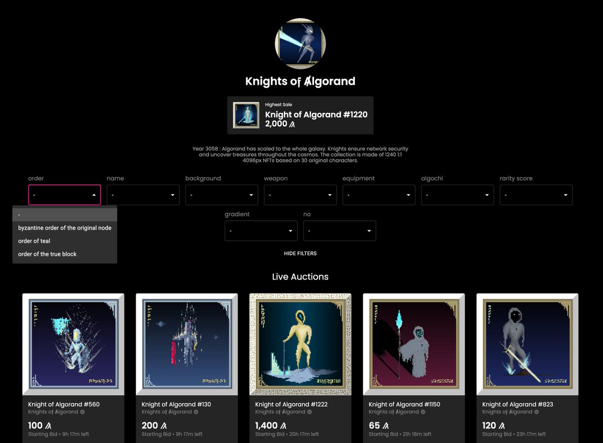 ALGOxNFT's tweet photo. We have now enabled #arc69 filters for the @knightsofalgo collection!
Congratulations to them on their sold out shuffle ๐
We've also turned off the 0.5A listing fee on the knights, so feel free to list your knight for auctions or buy now without fear!
#SoldOut #Algorand https://t.co/lFEx6PIE9t