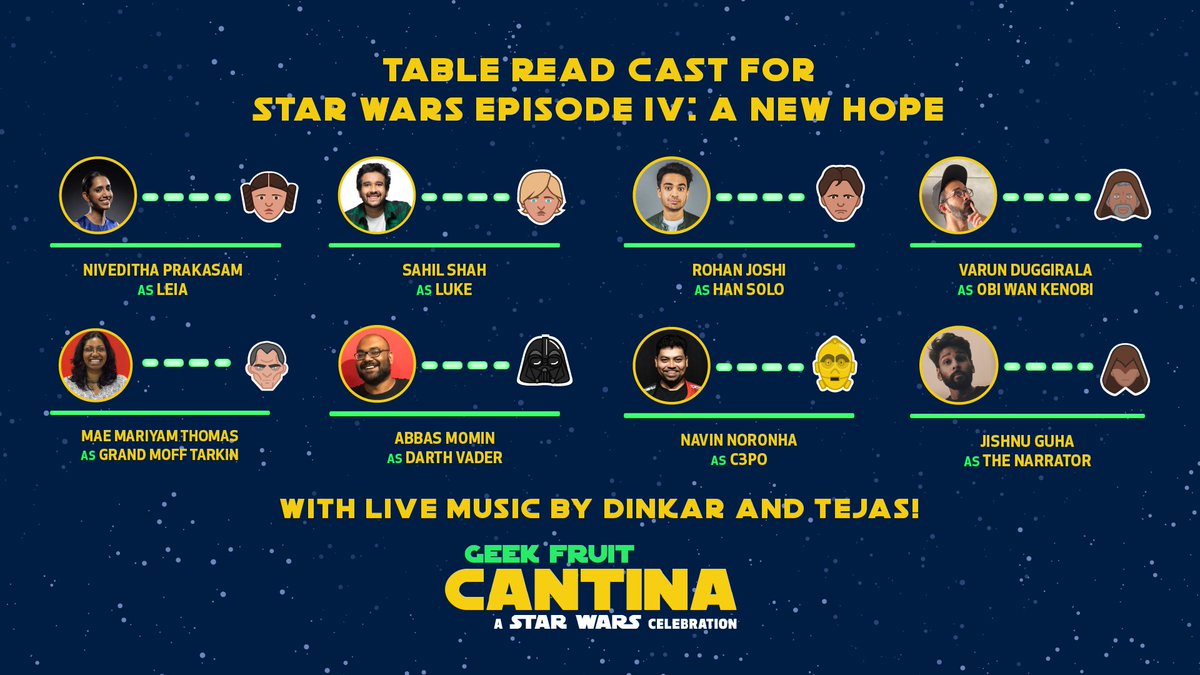 Here's a weird/fun thing I'm doing this Saturday in Bombay. My pop culture company <a href="/GeekFruitHQ/">Geek Fruit</a> is throwing a Star Wars fan event called Geek Fruit Cantina. It's gotta lot of fun things going on for SW fans but mostly looking forward to a Table Read of A New Hope with this cast.