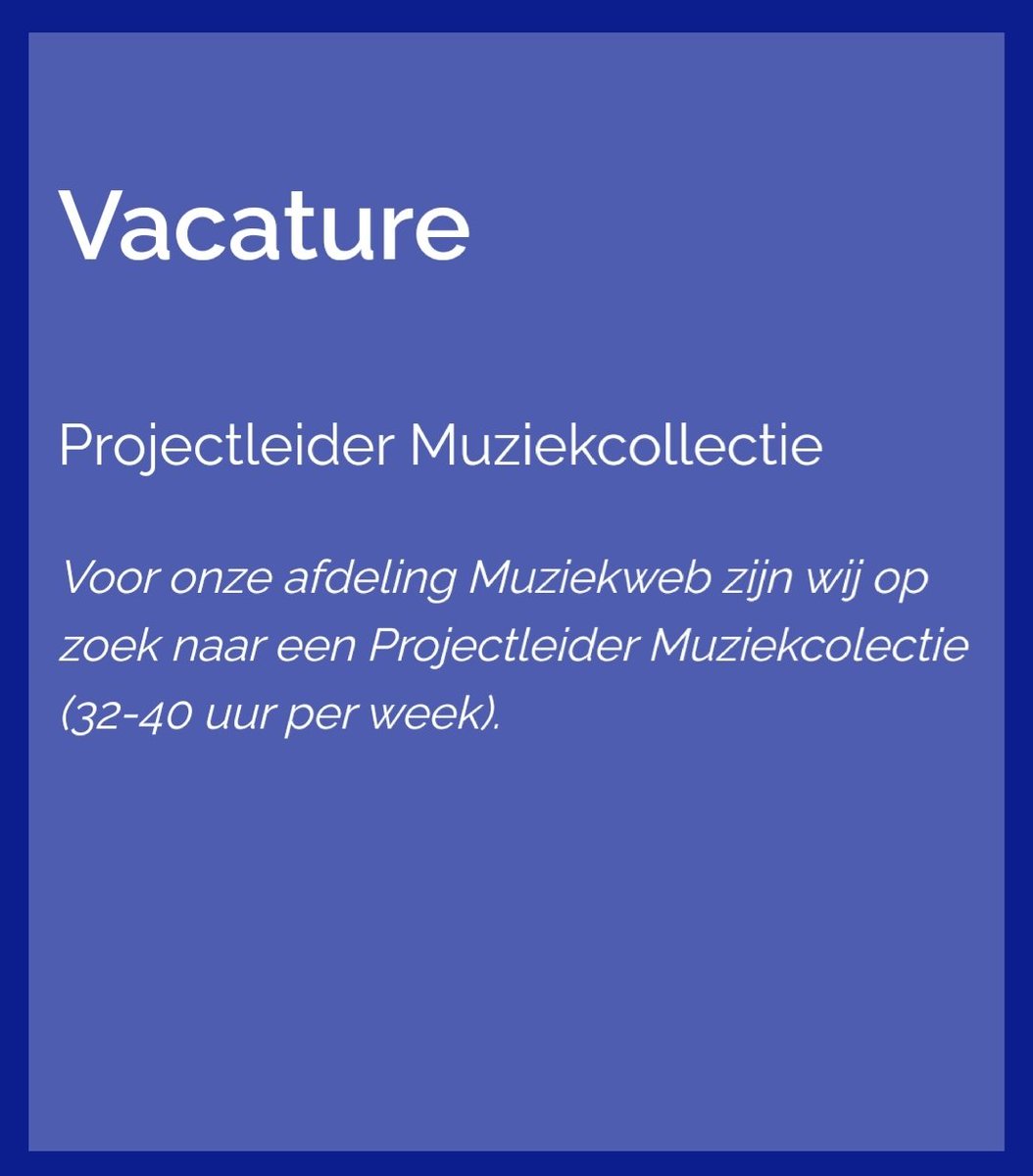 #VACATUREALERT Projectleider muziekcollectie | <a href="/BeeldenGeluid/">beeldengeluid</a> | 32-40 uur per week | reageren voor 9 mei werkenbijbeeldengeluid.nl/vacaturebeschr…