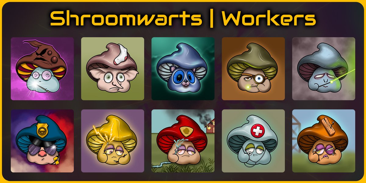 Shroomwarts + Workers make up Shroomies #351-360 🍄

Have you been trading these on <a href="/NileSwap/">NileSwap</a>? 🛸

#NFT #NFTs #NFTartist #NFTart #BeeceNFT #NFTProject #NFTCommunity #NFTCollection