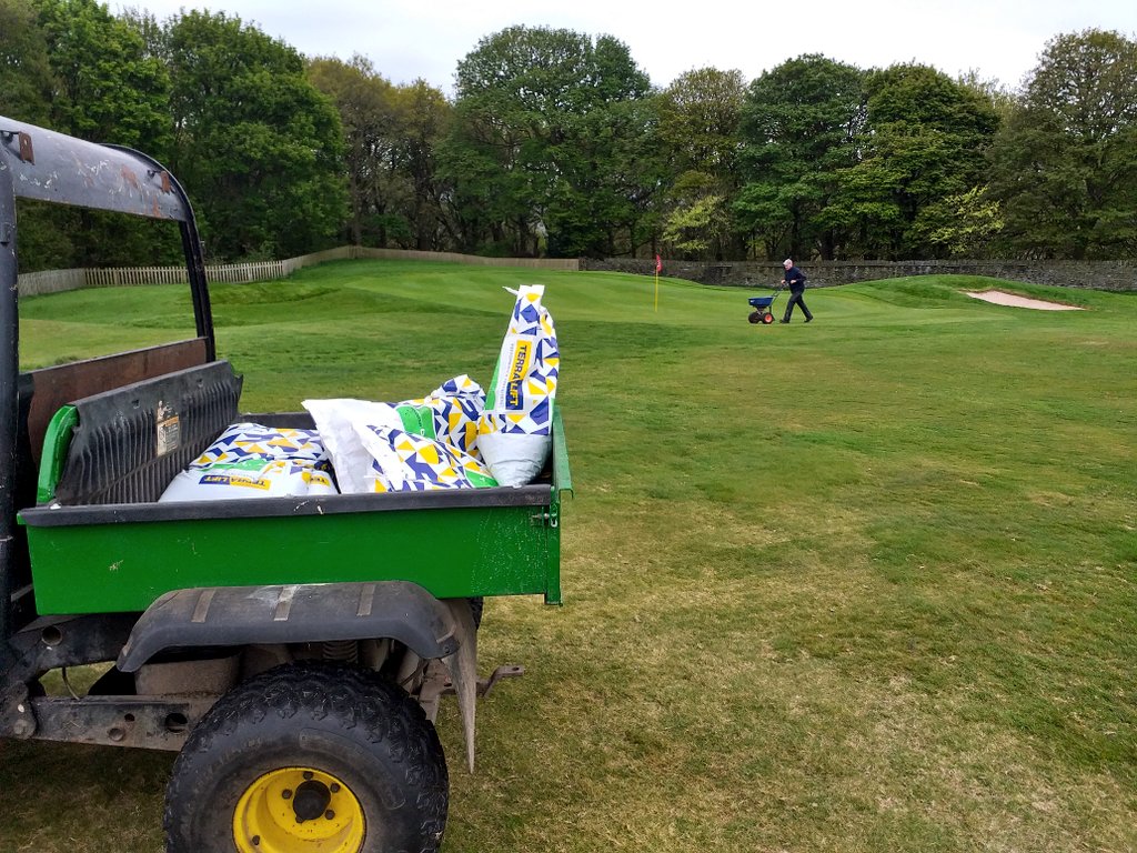 Scarifying the older tees for firmer conditions year round. Greens received an application of TX10, getting nicely washed in ☔